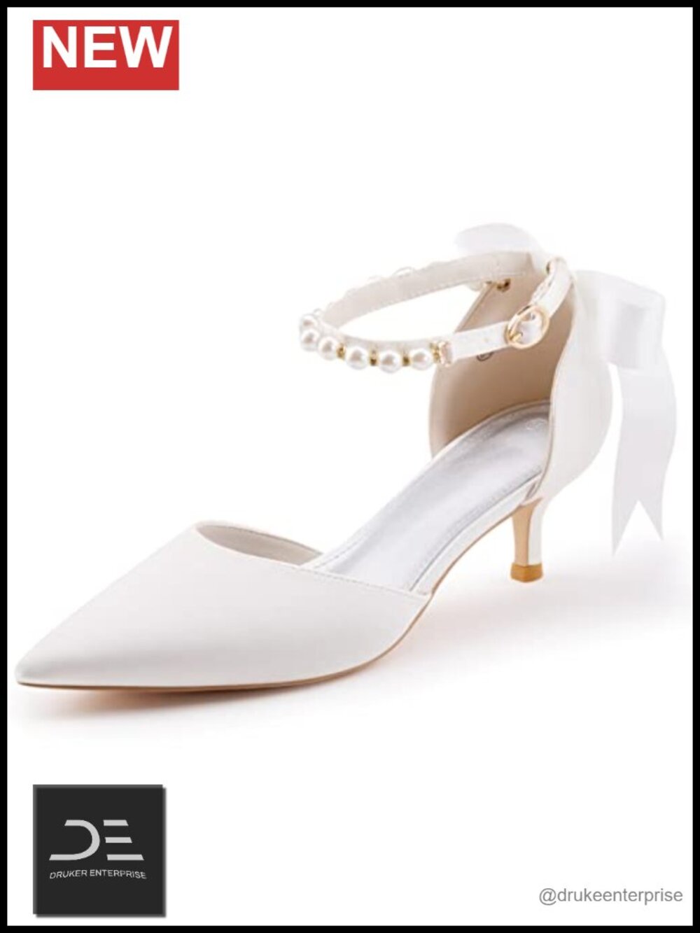 Women's Pearl Ankle Strap Kitten Heel Pumps D'Orsay Satin Bow Pointed Toe